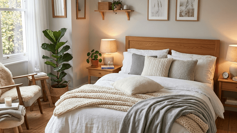 Cozy Scandinavian-style bedroom with soft textiles and warm lighting