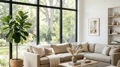 Modern minimalist living room with neutral tones and natural light