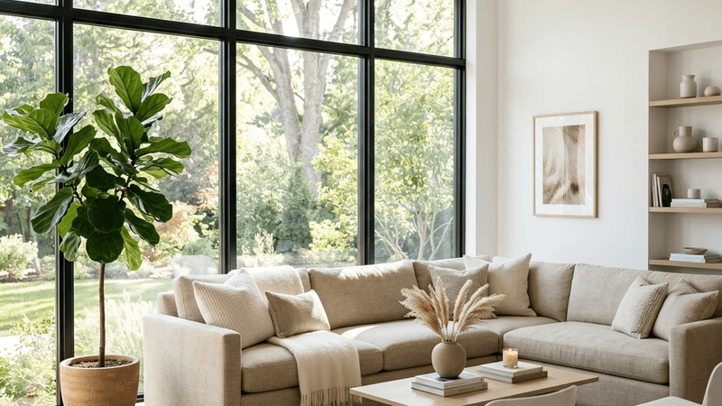 Modern minimalist living room with neutral tones and natural light